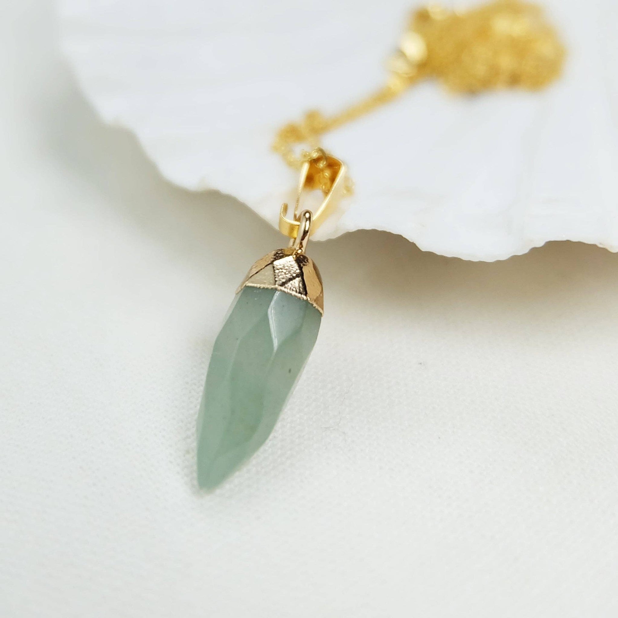 Aventurine Gemstone Crystal Spike Gold Necklace Pendant