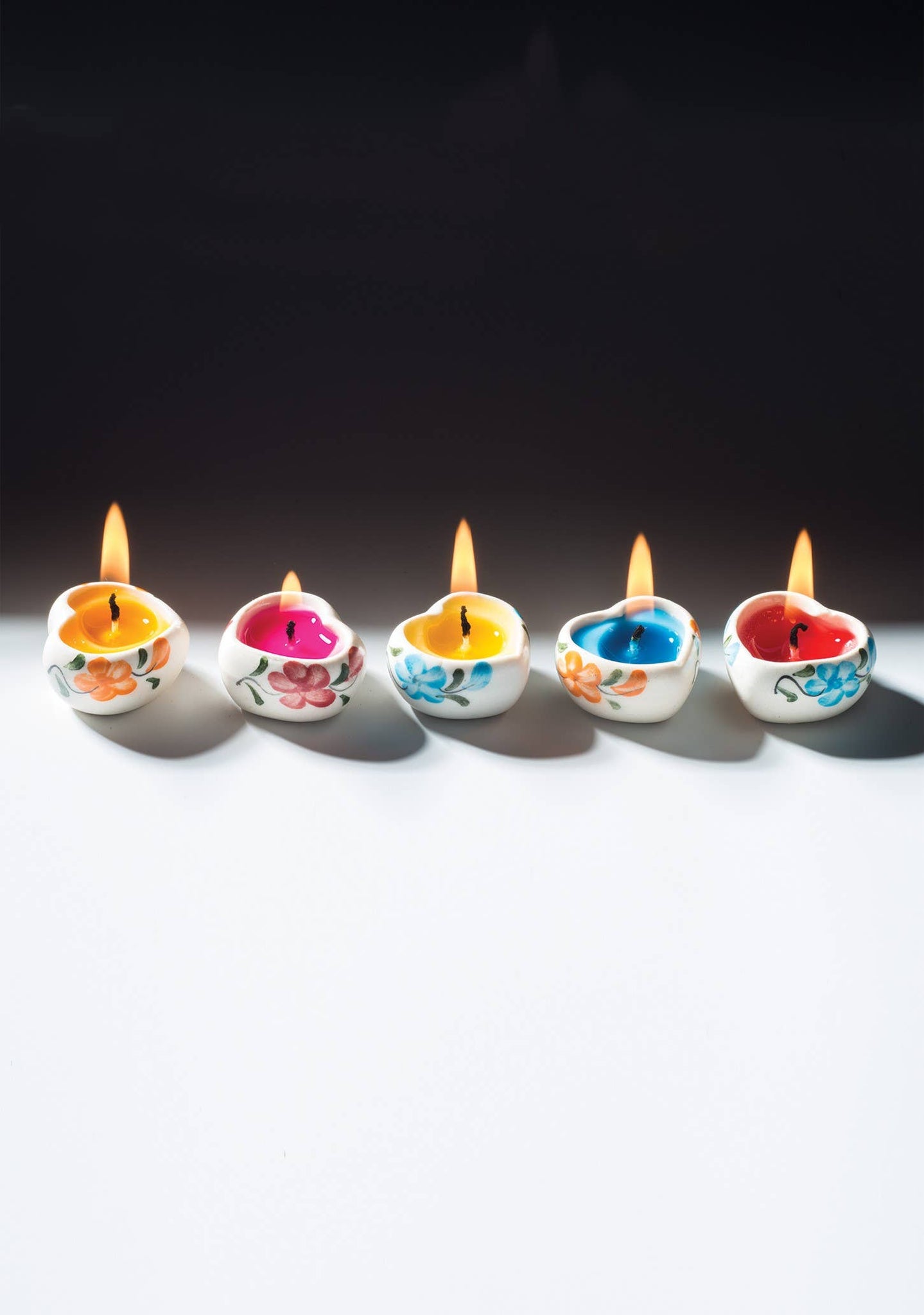 Tray of 5 Hand Painted Ceramic Heart Candles